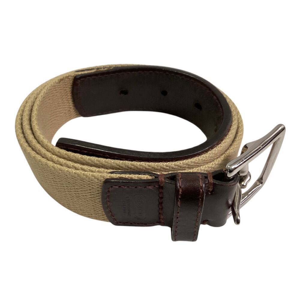 COACH Chocolate Brown Leather & Beige Canvas Casual Belt Womens Size 34/85 cm - Picture 2 of 5
